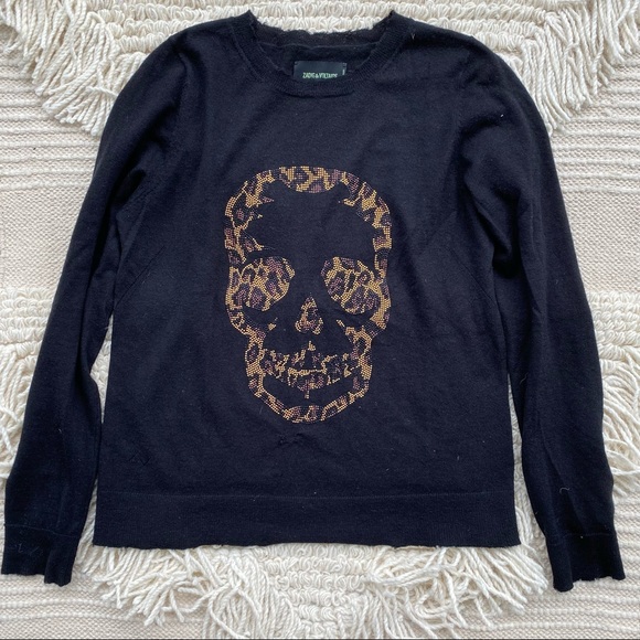 ZADIG & VOLTAIRE black leopard embellished skull Miss Bis cashmere sweater S - Picture 2 of 15